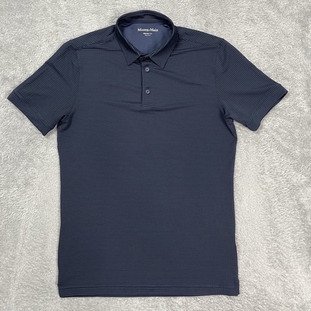 Mizzen+Main Polo Shirt Mens Medium Blue Striped Trim Stretch Golf Seersucker